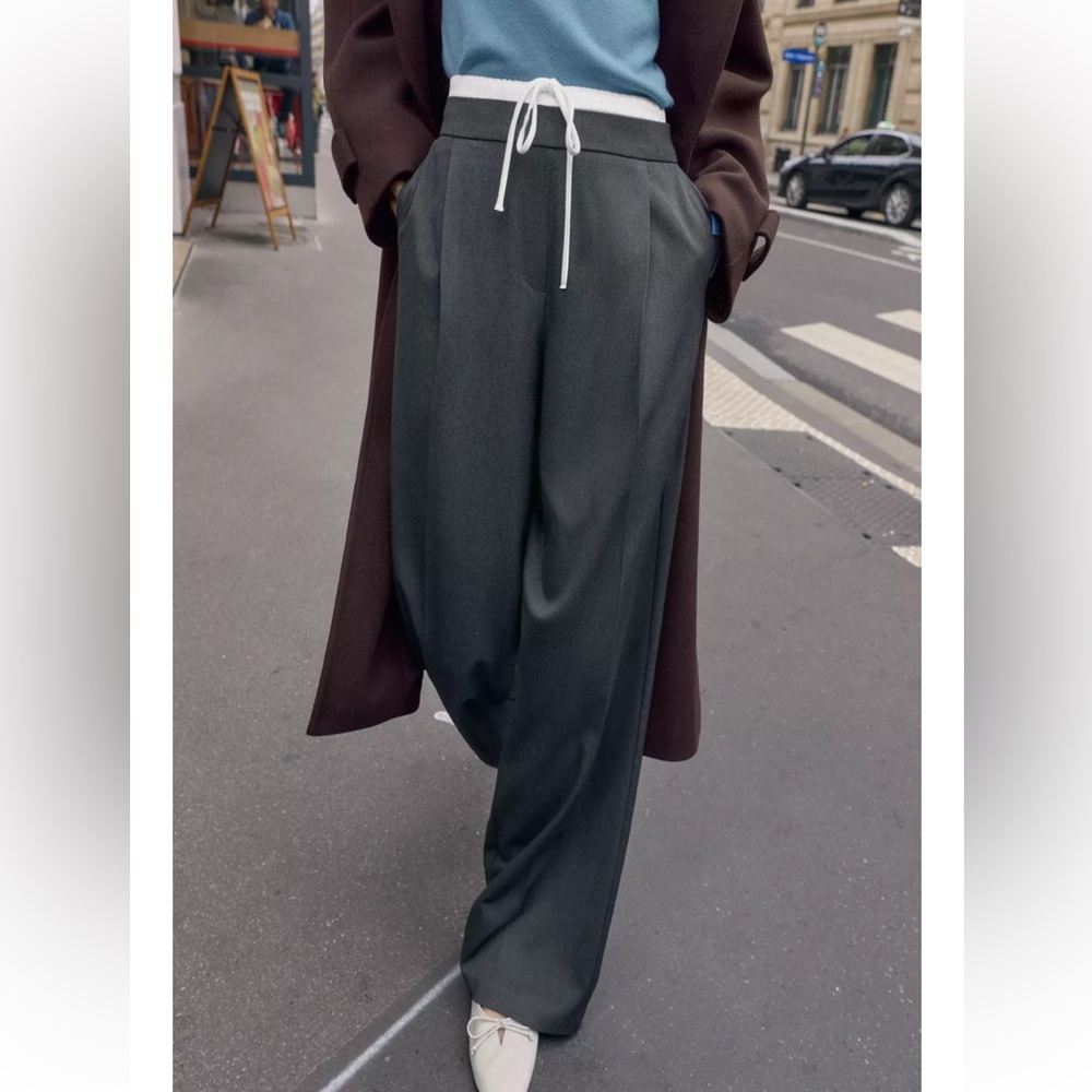 New! Zara Trousers Charcoal Drawstring Wide Leg Pants Large